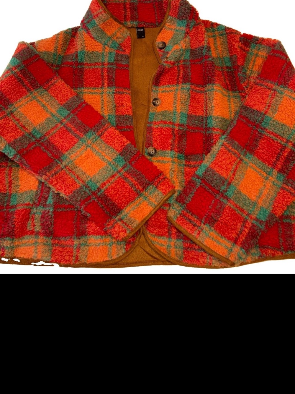 Cider, Plaid, Teddy Fleece Cropped Jacket, Fall, Preppy, #943CL - Picture 4 of 8